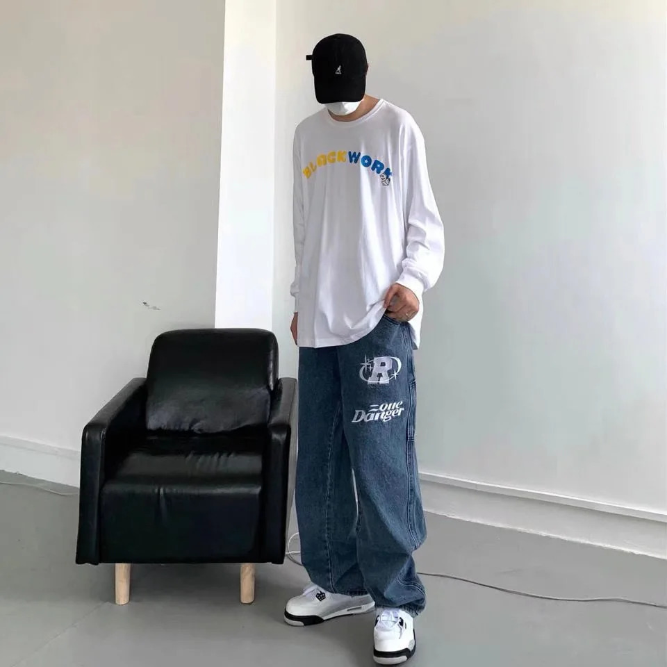 Autumn street mens loose jeans retro Harajuku hiphop letters thermal printing oversized straight leg Y2K 240816