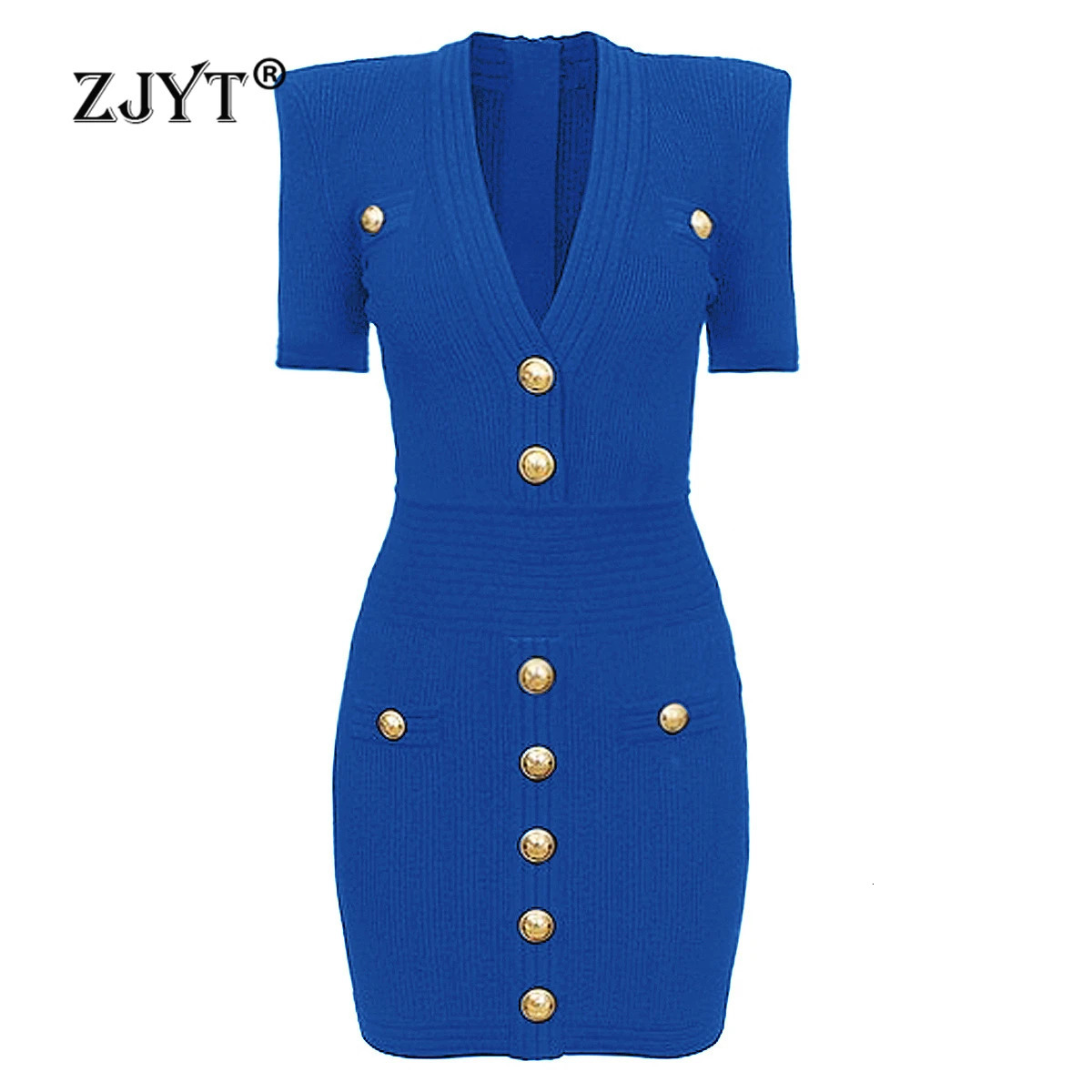 ZJYT Elegant V Neck Knitting Sweater Dresses for Women Summer Short Sleeve Slim Fit Sheath Mini Party Dress Elegant Vestido 240808