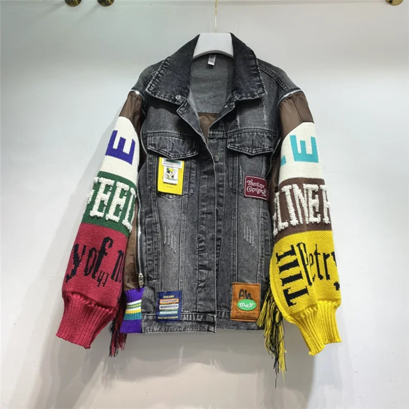Women Letters Badges Embroidery Denim Coat Knit Spliced Sleeve Sweater Tassels Jeans Jacket Streetwear Cardigan Tops Chaquetas 240808