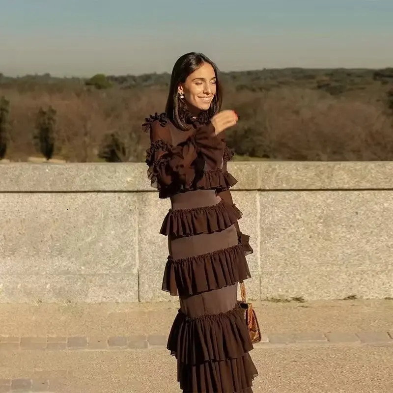 Womens Solid Colour Round Neck Multi Layered Dress Chiffon Ruffle Long High Waist Full Sleeve Street Dresses 240808