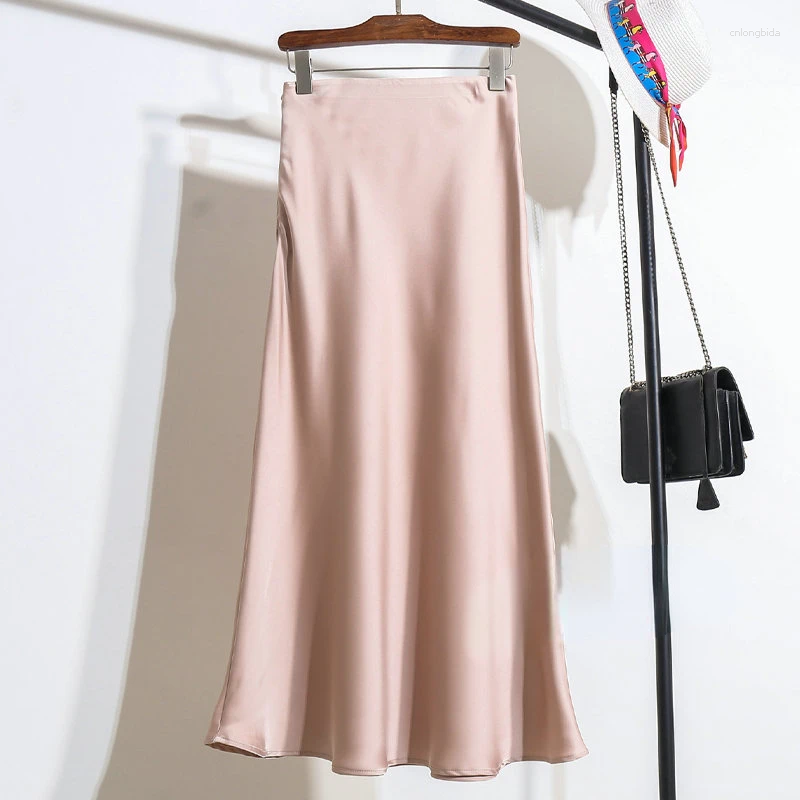 Skirts Womens Long Skirt 2024 Fashion Satin Office Lady Elastic Waist Solid Champagne Purple Red Silk A-LINE For Women