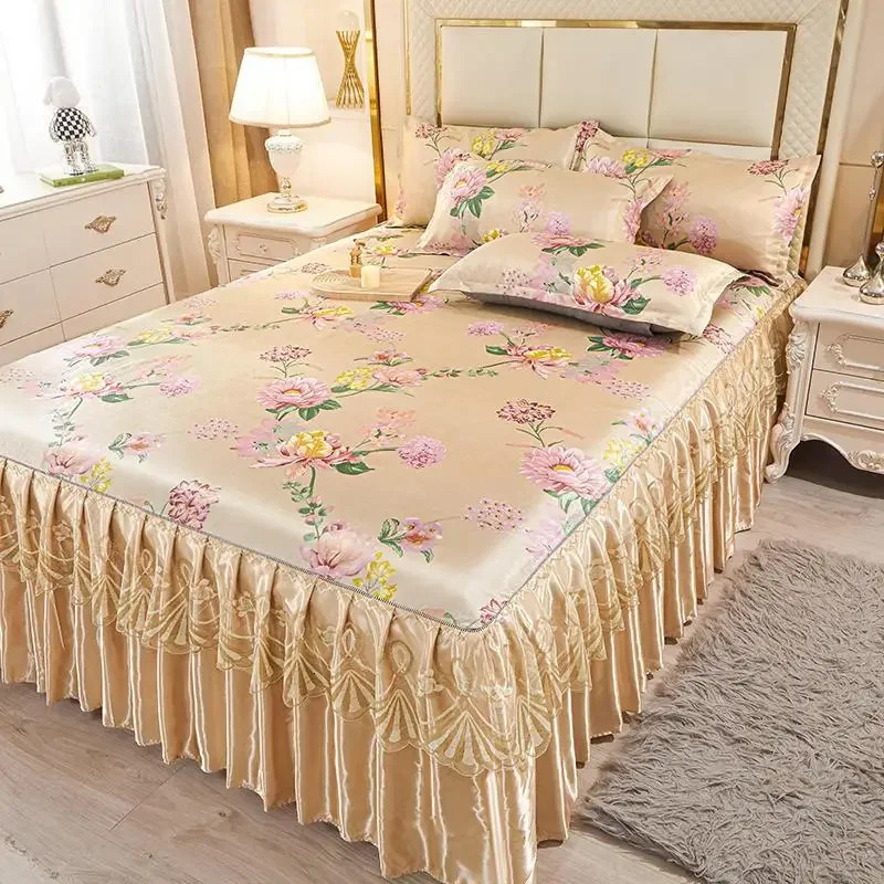 3Pcs/Lot Double Bed Sheet Set Classic Lace Royal Blue Bed Sheet Bed Skirt Machine Washable Wedding Bedspread Mattress Cover 240807
