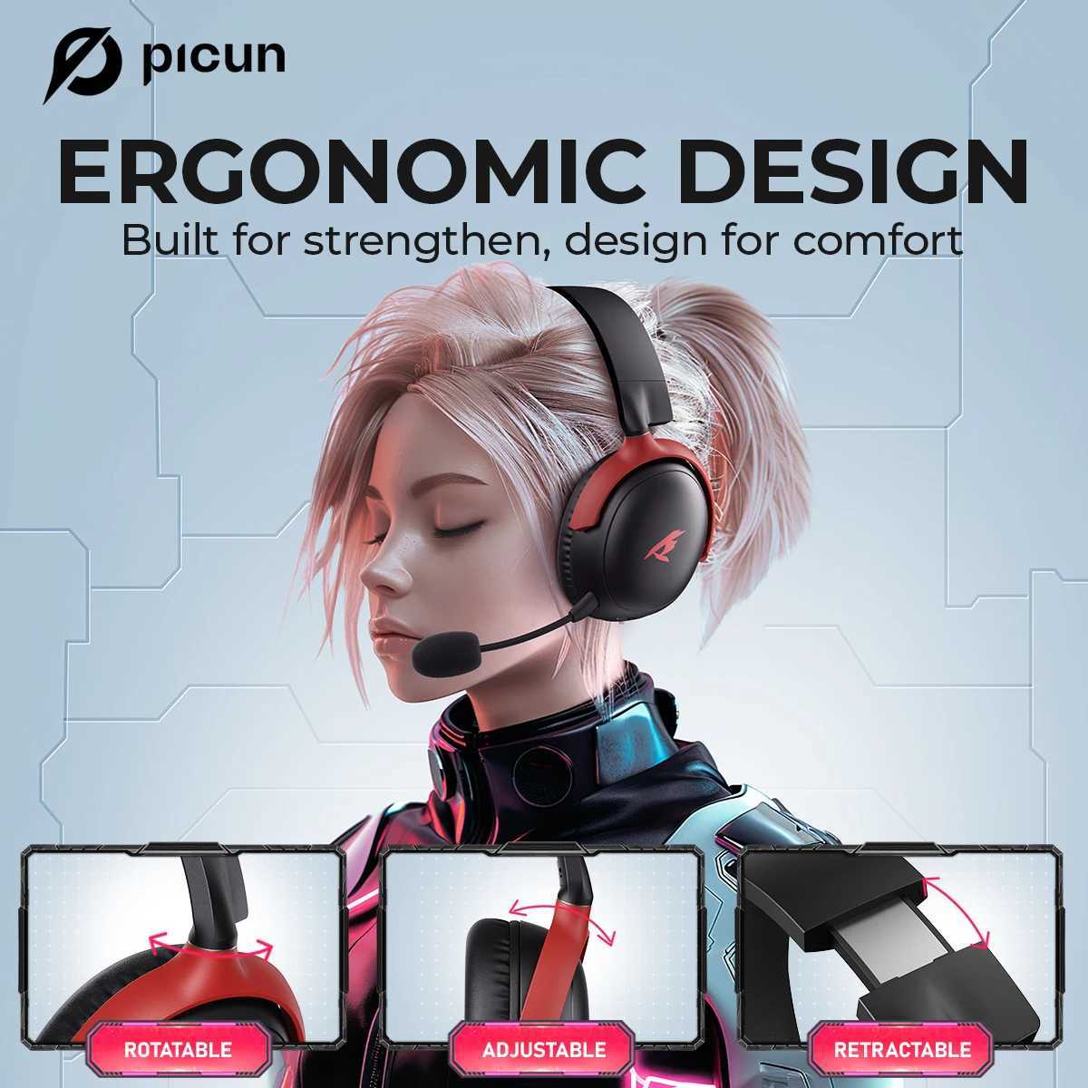 Picun G3 2.4GHz Wireless Gaming Headset Low Latency 53mm 3D Spatial Audio ENC Mic HD Call Bluetooth Headphones for Gamer PC PS5CL240808