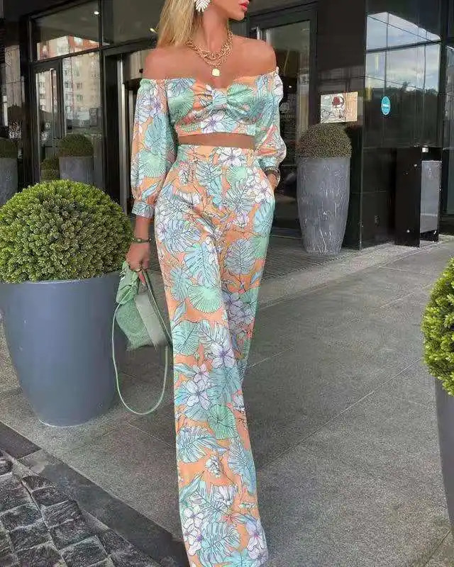 Female Short Sleeve 2pcs Outfit Summer Fashion Sexy Printed Boho Crop Top High Waist Pants Suit Women Two Piece Set 240813
