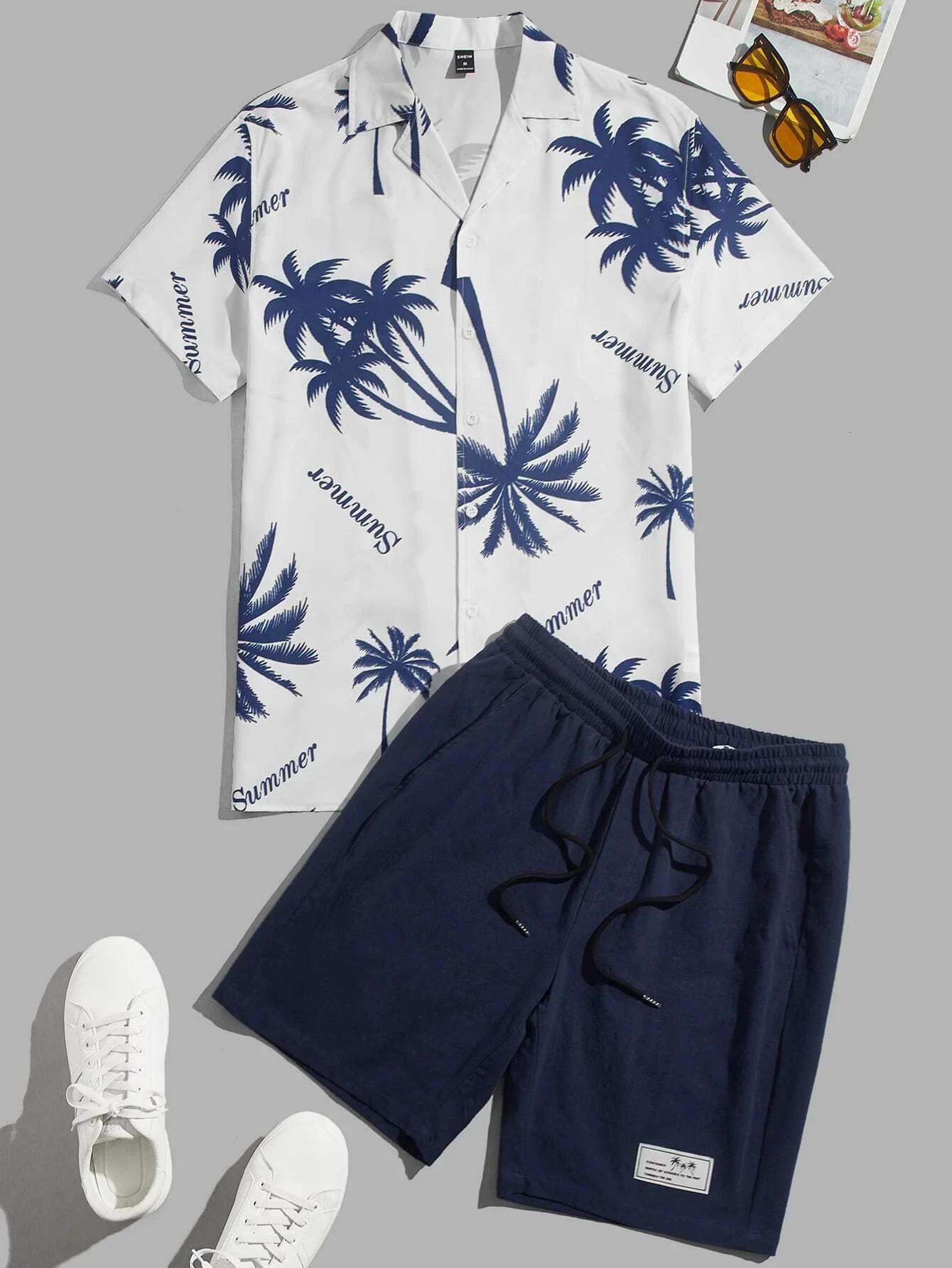 Mens and Womens Summer Short Sleeve Set Beach Palm Tree Printed Fashion Button Top Short Sleeve240807