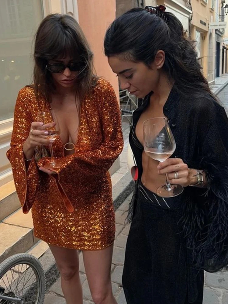 Sexy Sequins Hollow Out Mini Dress Women Long Flare Sleeve Deep V-neck Evening Dresses Female Fashion Party Lady Robe 240808