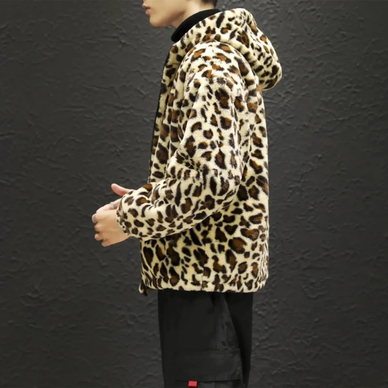 autumn and winter leopard print jacket fashionable zipper hooded casual loose cotton windproof for men women 240812