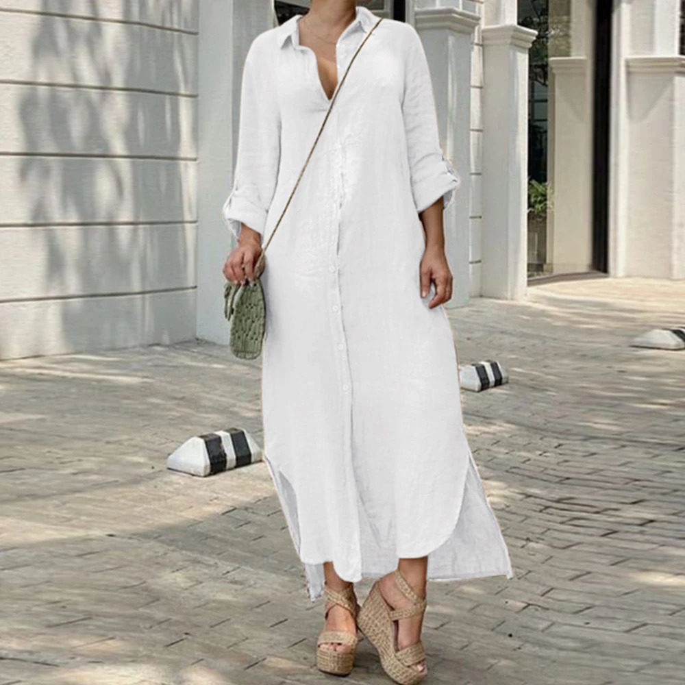 Plus Size Cotton Linen Long Dress for Women Clothing Autumn Oversize Vestido Shirt Dress Female Loose White Black Skirt 240808