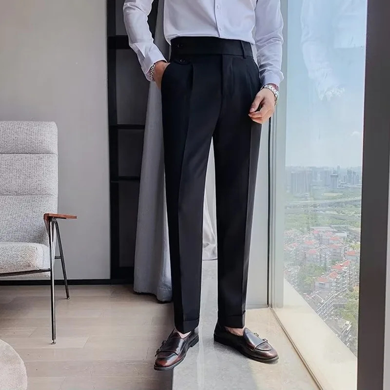 Oldyanup Men Naples Suit Pants Slim Fit Pencil Pant Spring Autumn High Waisted Button Fashion Business Casual Trousers Male 240807