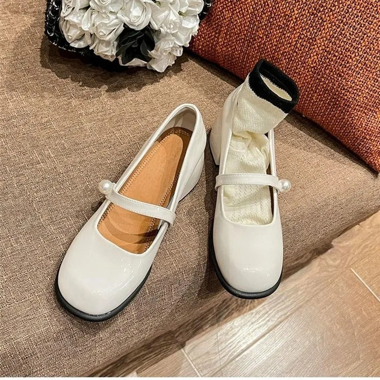 Spring Style Women Elegant Pearl Buckle Heel Pumps Square Toe Leather Fashion Mary Jane Shoes Mid-heel Shoe 240808