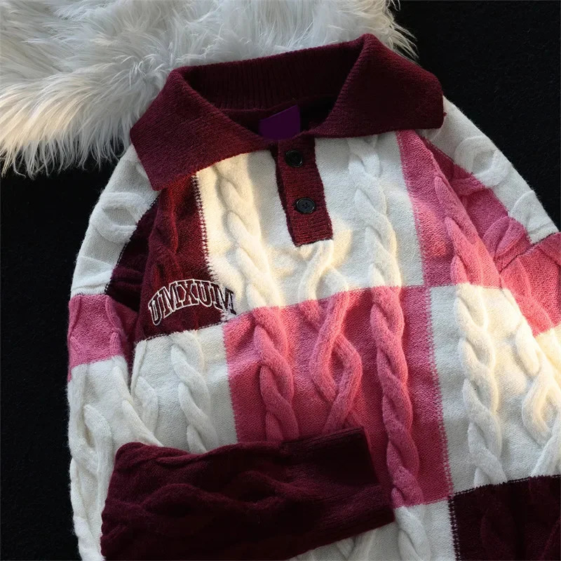 HOUZHOU Vintage Plaid Green Knitted Sweater Men Checked Pullover Y2K Blue Sweaters Mens Winter Harajuku Japanese Streetwear 240808