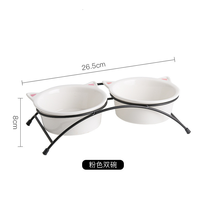 Cartoon ceramic Iron Stand Double Dog Dual Purpose Food Bowl Cervical Protection Pet water Heightening Cat bowl Household