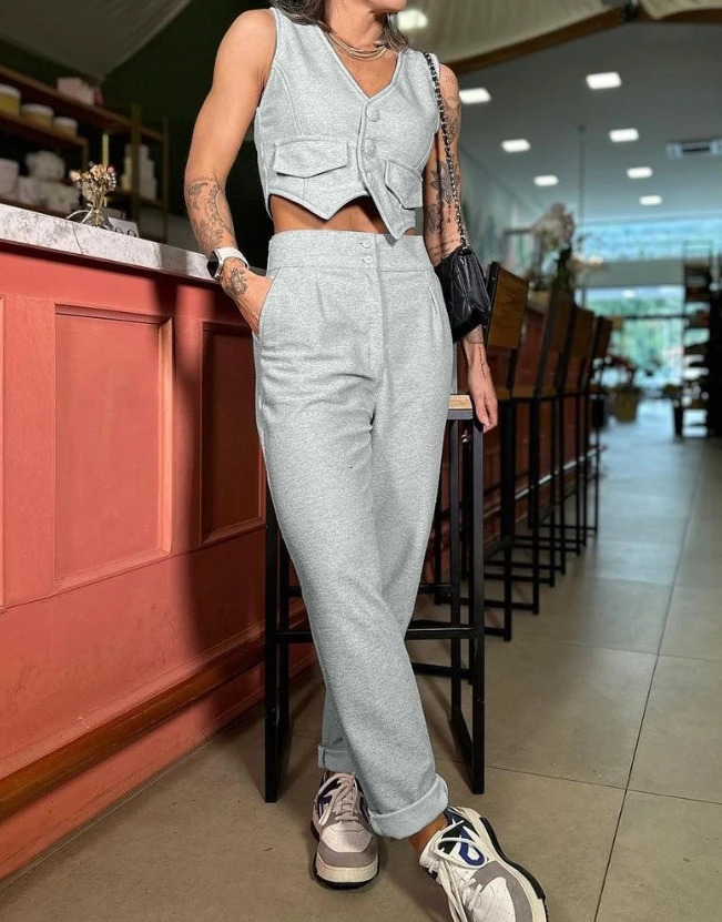 Two Piece Set Women Outfit Summer Fashion V-Neck Buttoned Sleeveless Vest Top Casual High Waist Pocket Daily Pants Set 240813