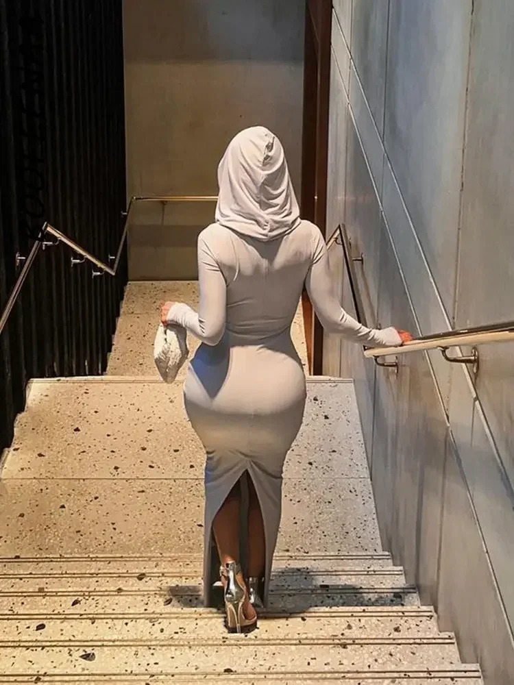 BOOFEENAA Hooded Long Sleeves Fitted Dress for Women Elegant Sexy Back Slit Bodycon Maxi Dresses Street Style C70-CD35 240808