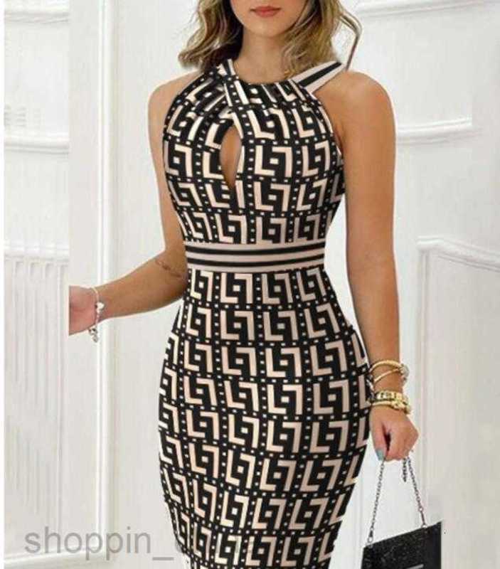 Casual Dresses Summer Dress for Women cross hanging neck geometric printing waist fitting party dress Polyester Sleeveless halter Slim Ladies Bodycon 