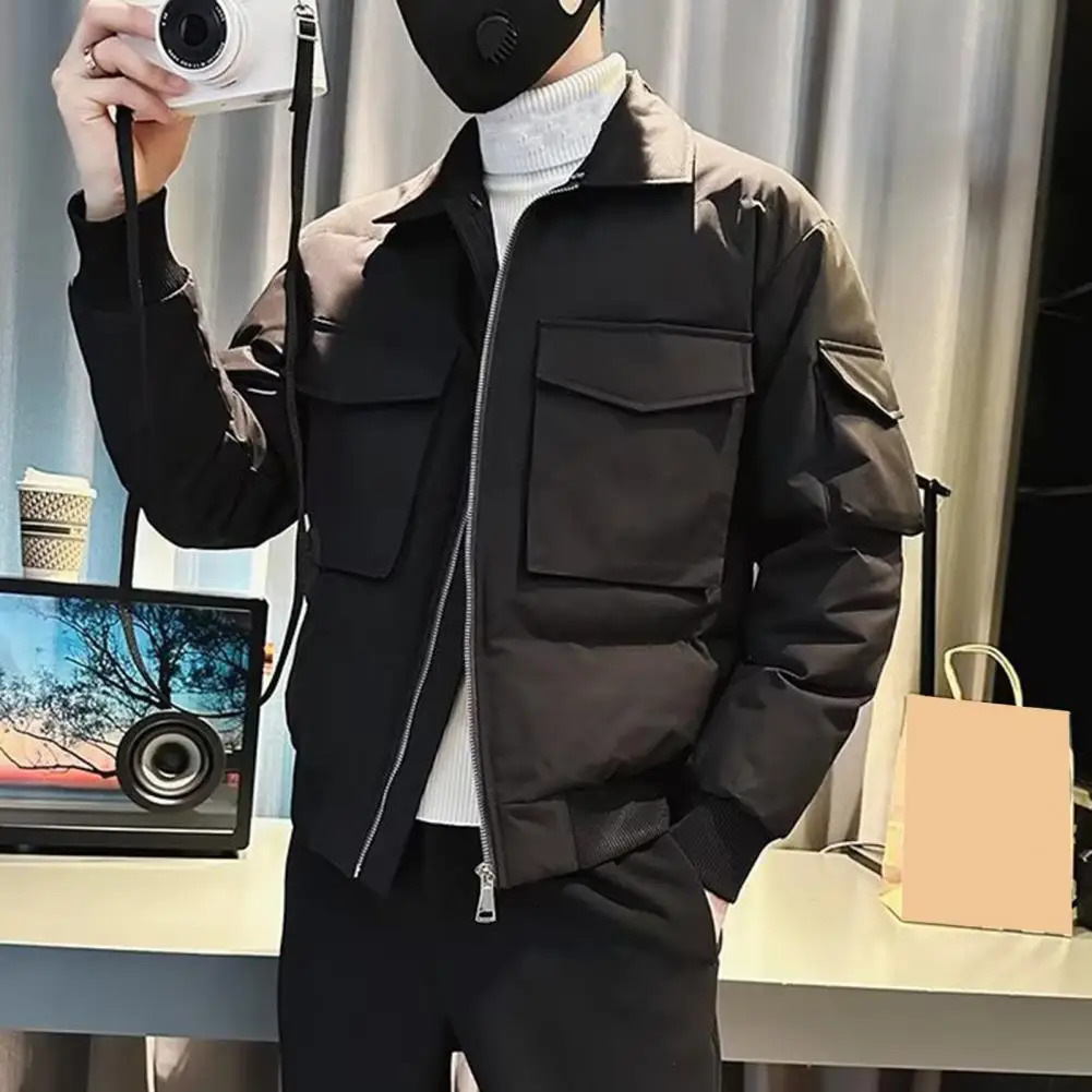 Zipper Jacket Mens Solid Color Closure with Collar Button Multiple Pockets Casual Hip Hop Streetwear Smooth 240819