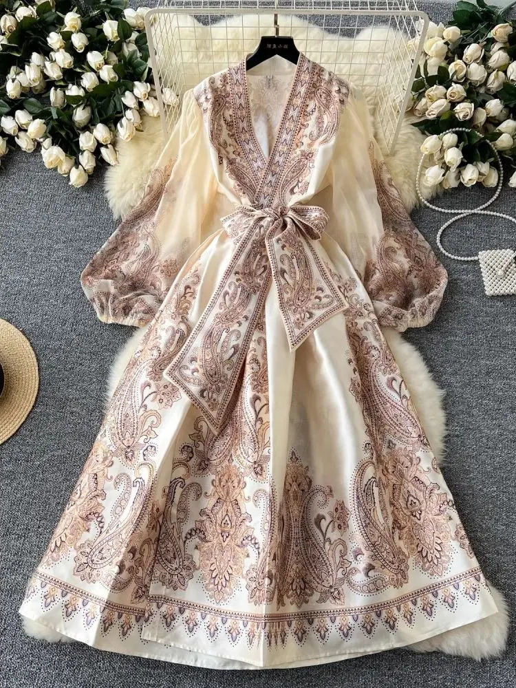 Paisley Print Bandage Lace Up Wrap Dress Women Cross V Neck Lantern Sleeve Chiffon Patchwork Thick Satin Long Party Vestidos 240808