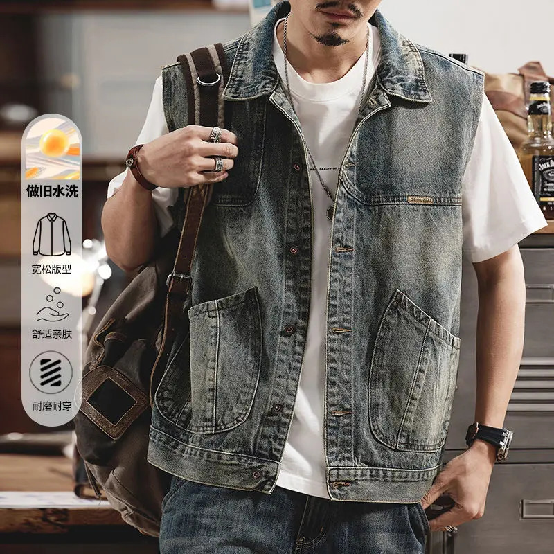 Mens summer high street retro motorcycle riding denim vest fashionable loose large pocket work jacket mens clothing 240807