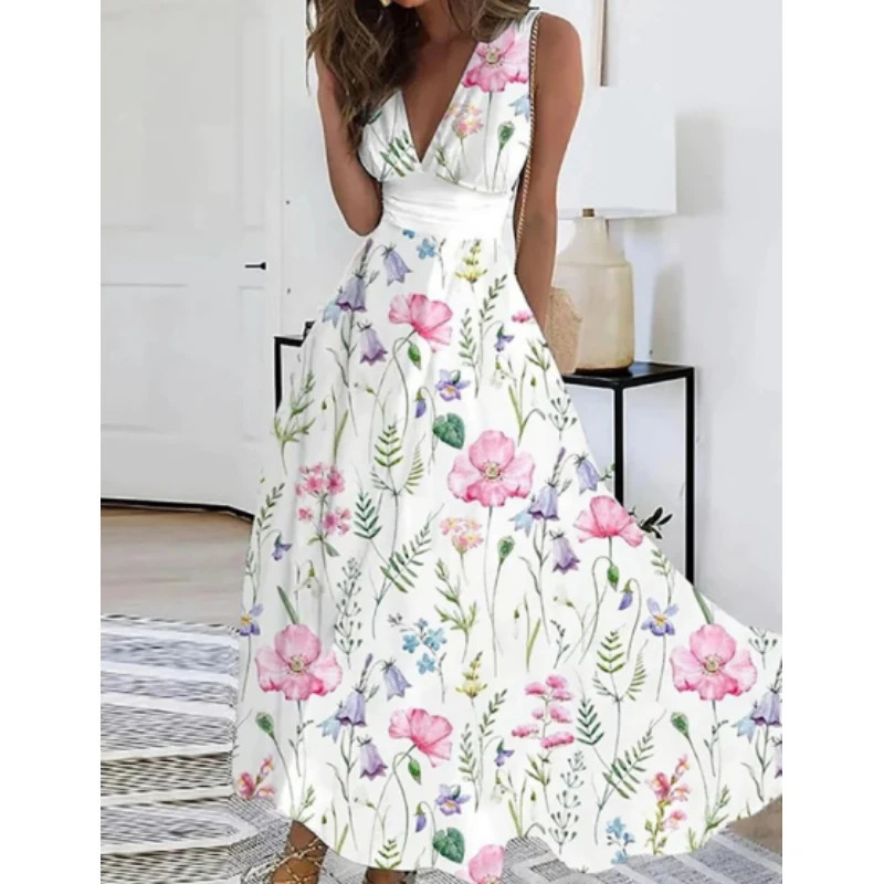 Elegant Womens Mid Length Dresse Summer Fresh V-neck High Waist Sleeveless Printed Sexy Dress S-5XL 240808