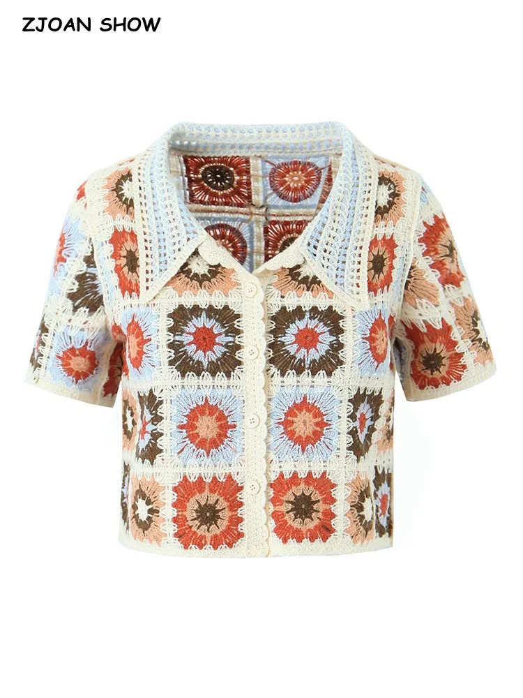 BOHO Hollow Out Crochet Geometric Flower Short Sleeve Cardigan Women Summer Holiday Front Buttons Lapel Sweater Crop Tops 240808