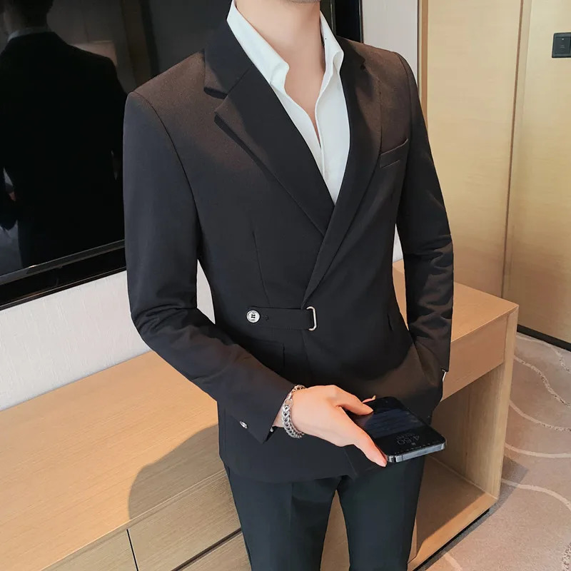 Men Dress Autumn Blazers Cotton Linen Oblique Buckle Tuxedo Man Jacket One Button Pockets Blazer Coat Homens Suit Male Clothing 240807