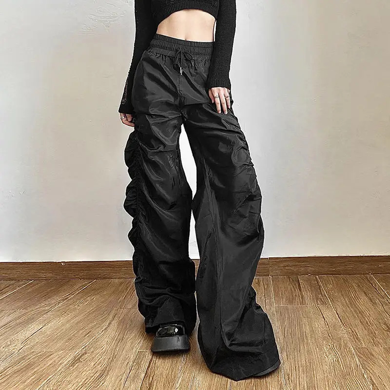 Black Baggy Pants Women Shirring Pockets High-waist Casual Trousers Streetwear Cargo Spring Comfortable Vintage Harajuku Fashion Z260312