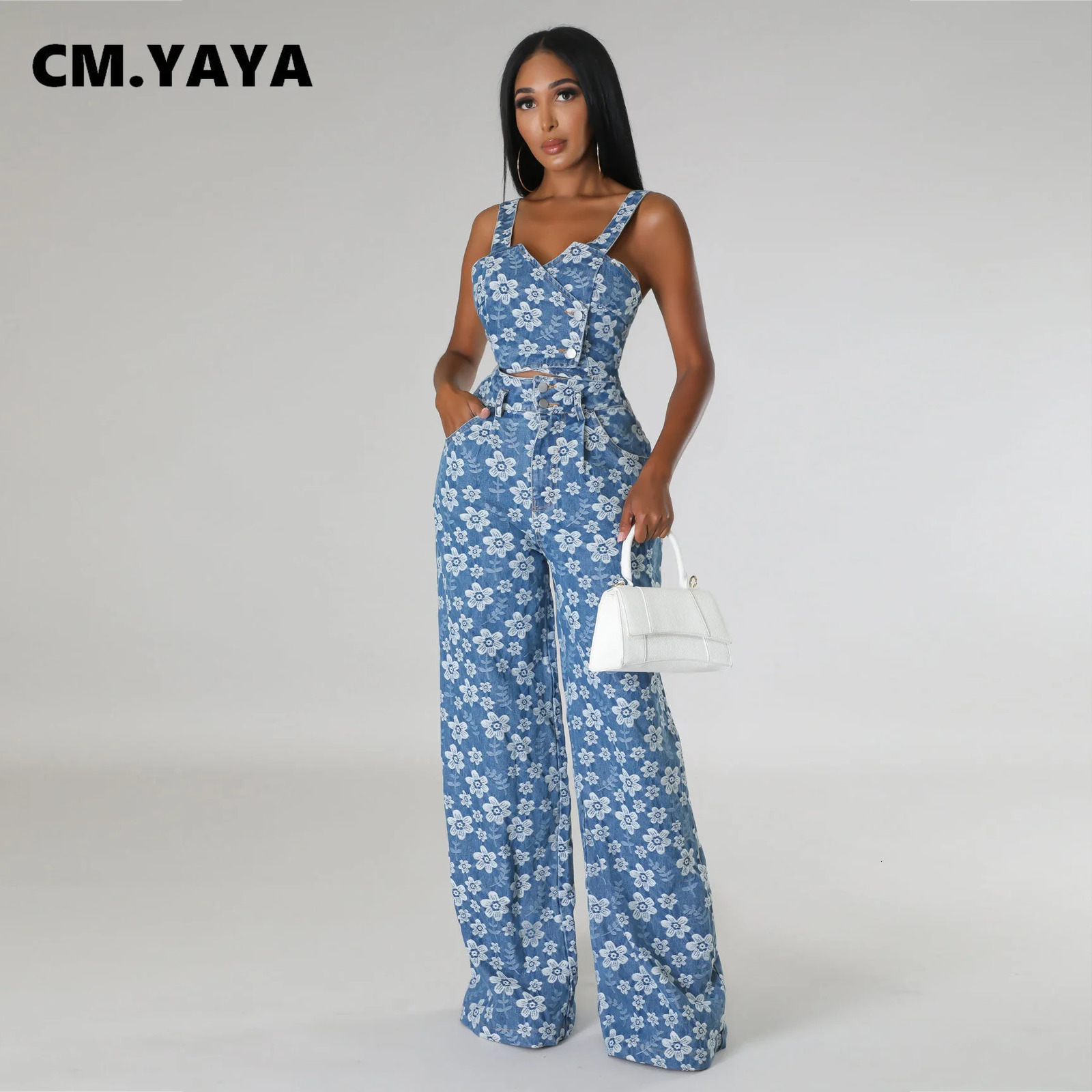 CM.YAYA Jean Jacquard Floral Womens Set Strap Wrap Crop Top and Straight Wide Leg Pants Two 2 Piece Sets Outfit Tracksuit 240813
