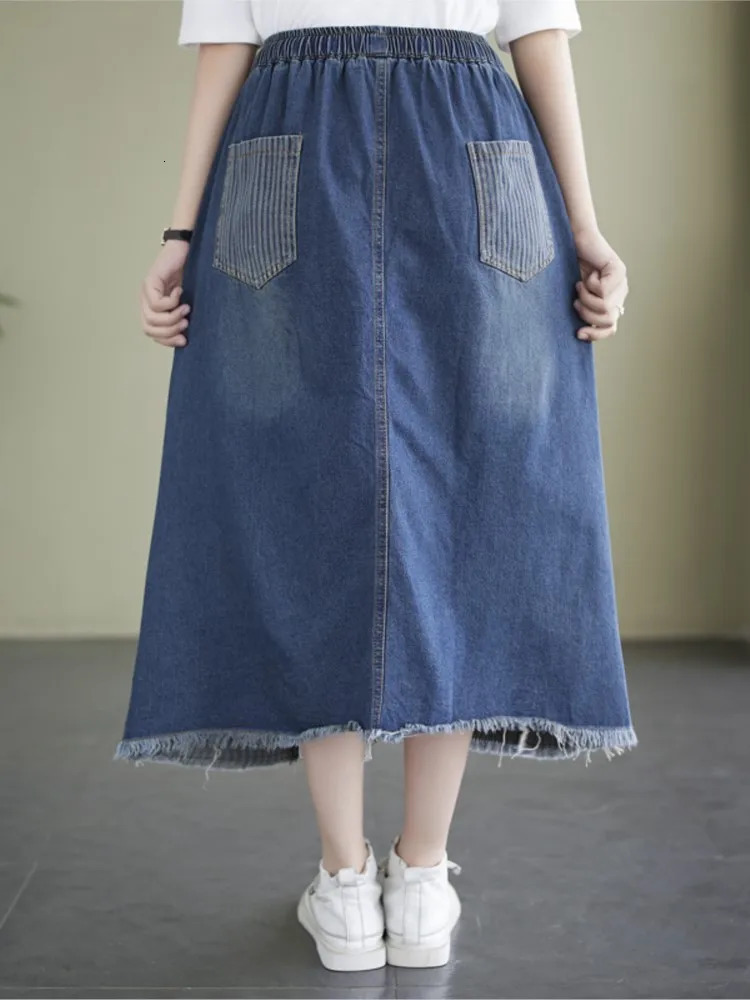 Denim High Waist Oversized Striped Print Patchwork Skirt Women A-Line Ruffle Pleated Loose Ladies Skirts Modis Woman Midi Skirts 240808