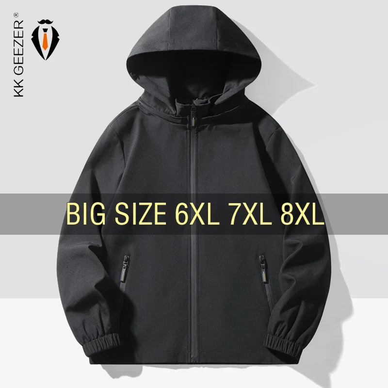 Men Jacket Hooded Windbreaker Oversize 6XL 7XL 8XL Plus Size Waterproof Black Bomber Camping Coats Loose Male Zipper Softshell 240808