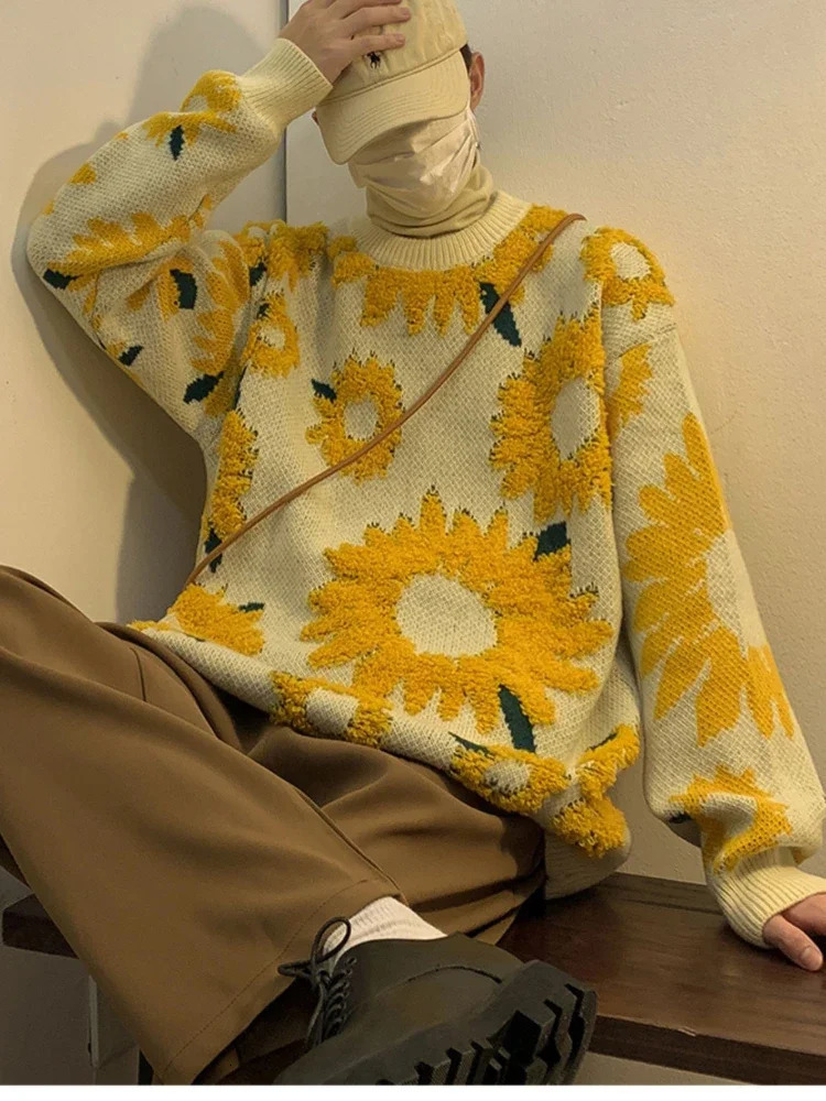 Flocking Floral Sweaters Men Baggy Spring Autumn Japanese Style Retro High Street Harajuku Knitwear Slouchy Ins 240816