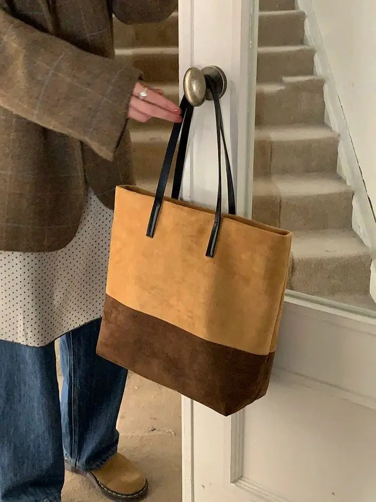 JIAERDI Vintage Brown Large Capacity Tote Bag Women Retro High Street Suede Patchwork Handbag Ladies Haruku Shoulder Bags Chic 240808 168f 4