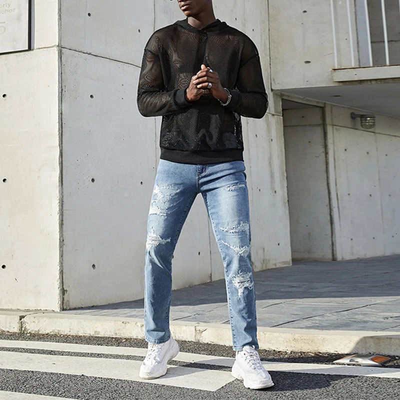 Fashionable mens see through mesh hoodie hollow transparent sexy Tshirt autumn fashion long sleeved zipper 240829