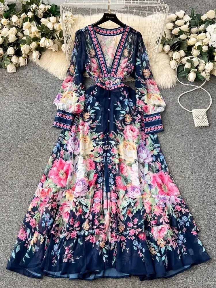 Fashion Summer Holiday Floral Chiffon Ruffles Dress Women Sexy See Through Deep V Neck Long Sleeve Floral Robe Boho Vestido 240808