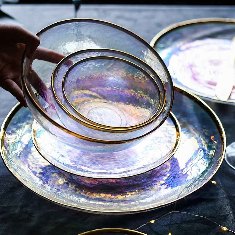 Kinglang Dazzle color painted gold glass bowl dish seven color transparent hammer grain glass plate salad bowl fruit bowl wester 240808