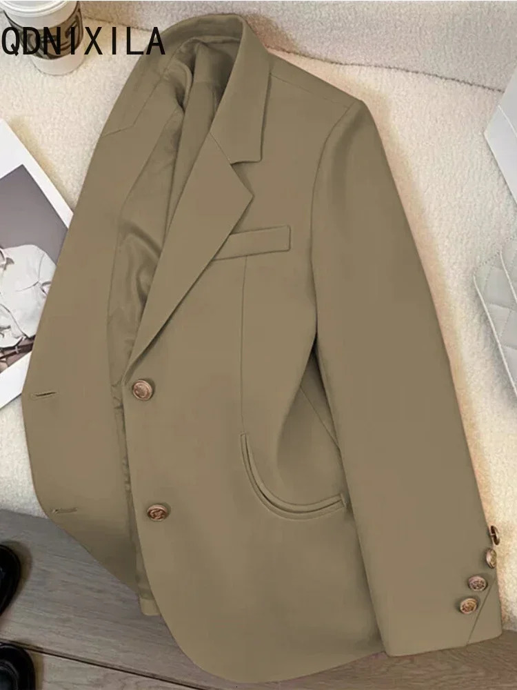 Green Blazer Woman Spring Autumn Vintage Long Sleeve Pockets Female Outerwear Fashion Single Breasted Office Wear Blazer Coat 240808