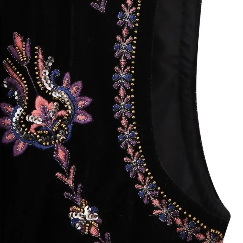 Ethnic Velour Beading Sequin Embroidery Flower Open WaistCoat Women Velvet BOHO Sleeveless Vest Jacket Vacation Loose Tops 240808