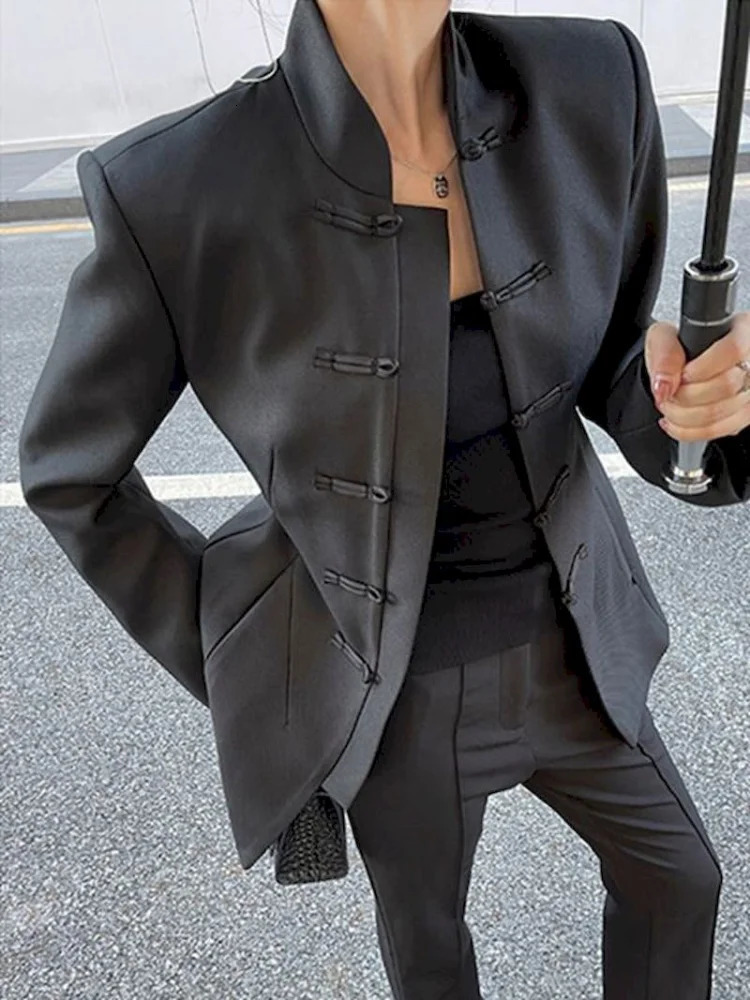 UNXX Chinese Style Stand Collar Black Blazers Tops Women Fashion Casual Blazer Vintage Fashion Loose Long Sleeve All Match Coats 240808