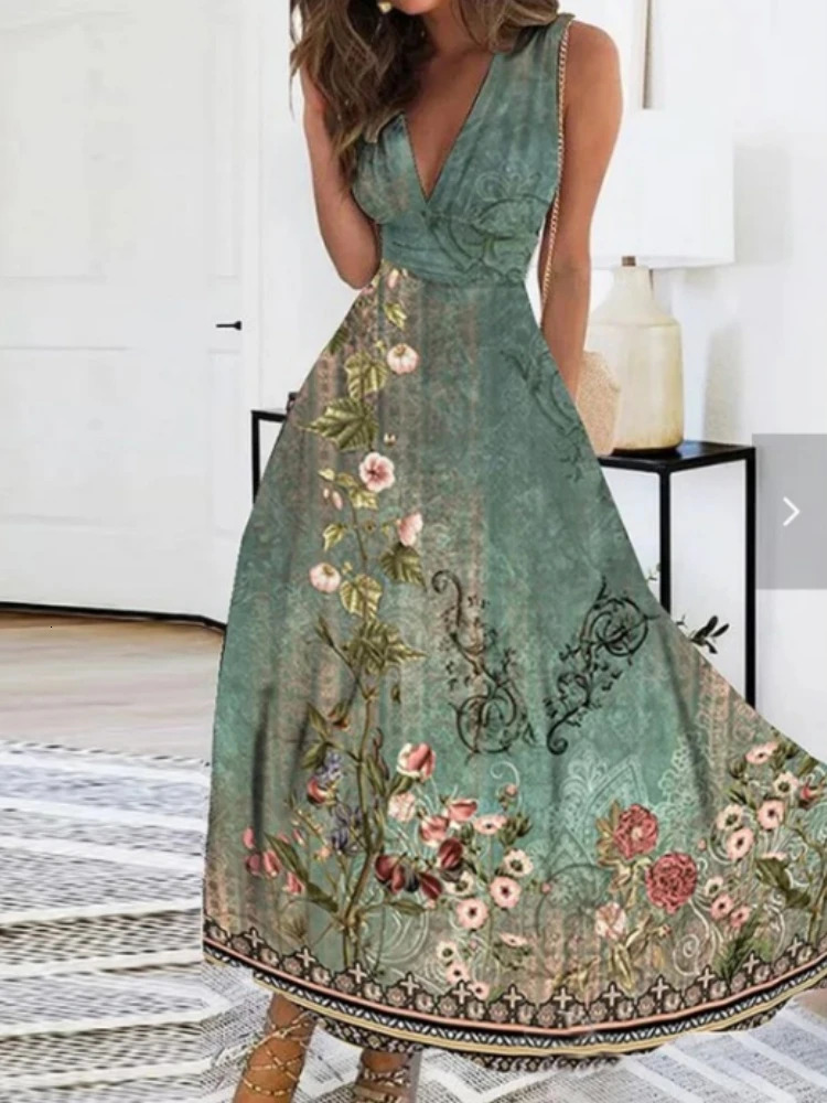 Elegant Womens Mid Length Dresse Summer Fresh V-neck High Waist Sleeveless Printed Sexy Dress S-5XL 240808