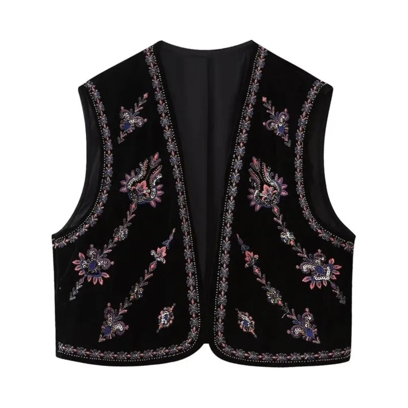 Ethnic Velour Beading Sequin Embroidery Flower Open WaistCoat Women Velvet BOHO Sleeveless Vest Jacket Vacation Loose Tops 240808
