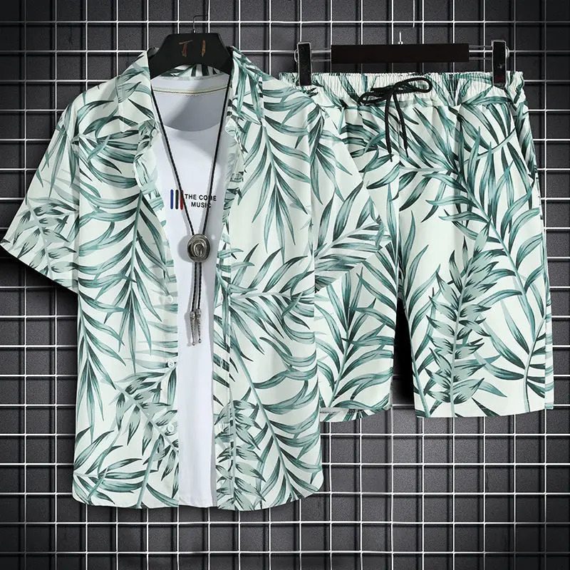 Mens beach clothing 2-piece quick drying Hawaiian shirt and shorts set mens fashion clothing printed casual summer clothing240807
