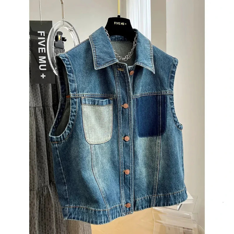 Autumn Womens Patchwork Turn-down Collar Button Pocket Fashion Solid Color Casual Loose Sleeveless Cowboy Vest Tops 240808