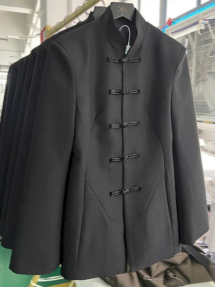 UNXX Chinese Style Stand Collar Black Blazers Tops Women Fashion Casual Blazer Vintage Fashion Loose Long Sleeve All Match Coats 240808