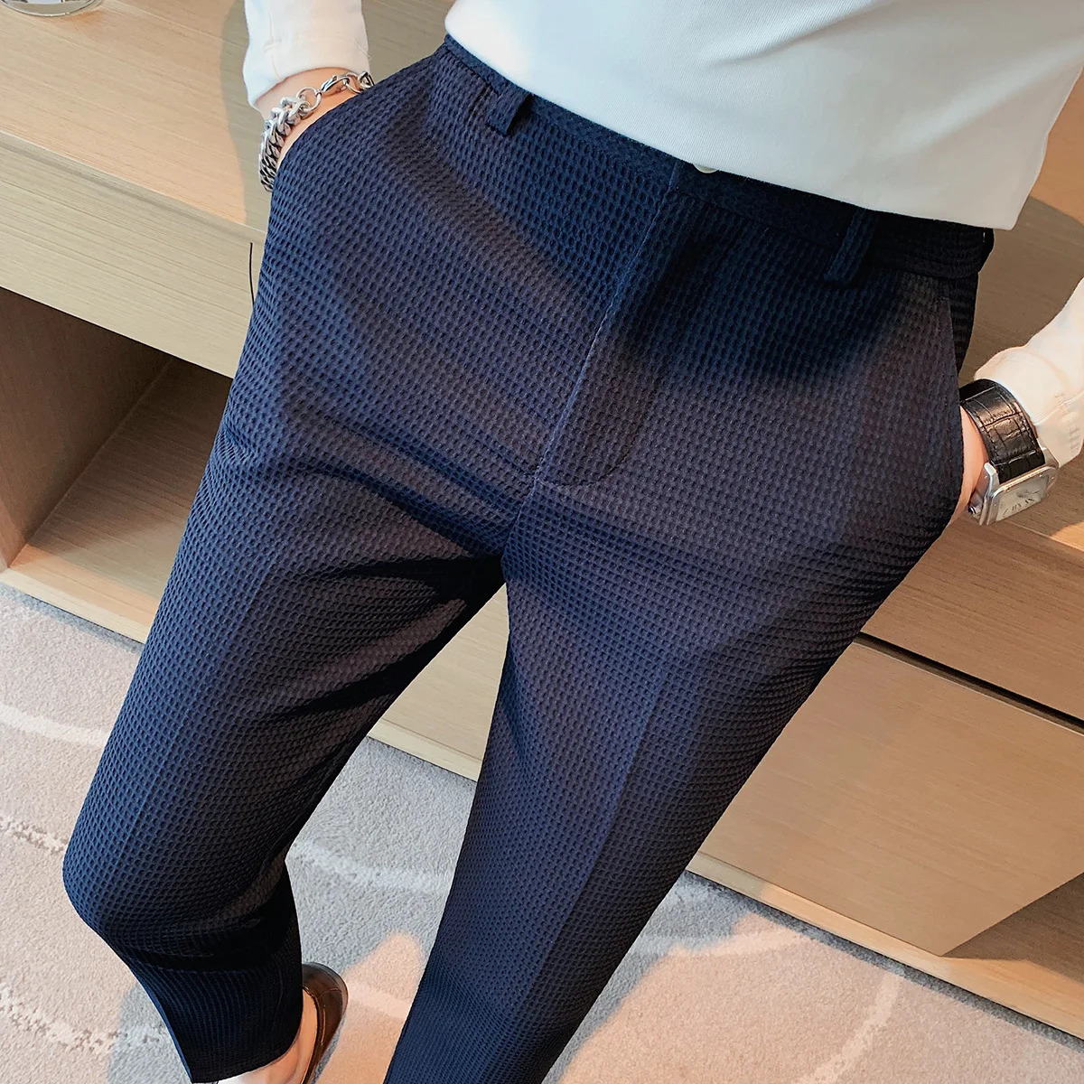 Fashion Business Casual Mens Pants Cropped Pants Waffle Pattern Trend Spring Summer Casual Trousers Dark Green White 28-38 240807