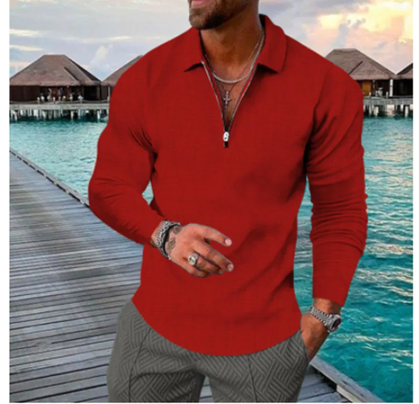 Mens spring and autumn large size long sleeve lapel zipper high-grade casual shirt POLO shirt 240814
