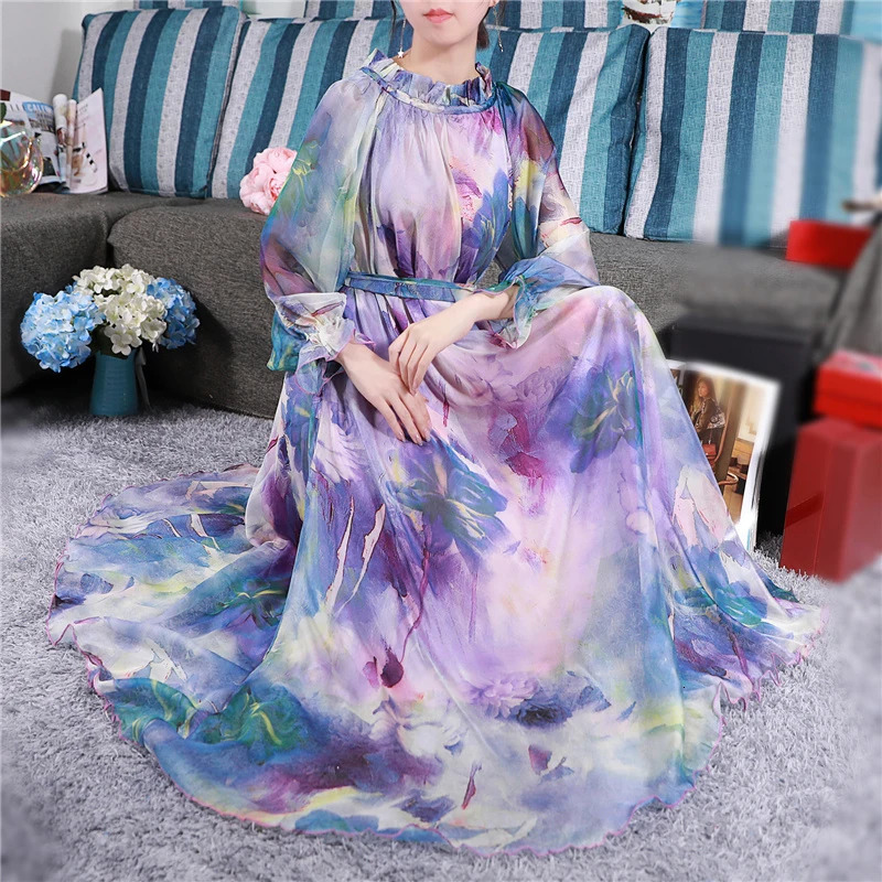 Bohemian Runway Maxi Dress Plus size Womens Long Sleeve Ruffle Vintage Floral Print Chiffon Party Holiday Long Maxi Dress Robe 240808