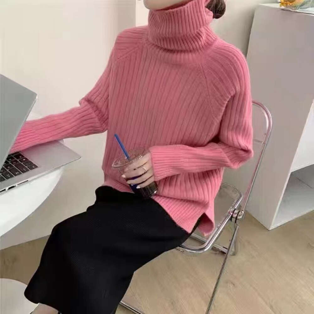 High neck solid color pit stripe Chinese style medium long 2024 autumn and winter new design slit knitted sweater c9aa1 60fb0