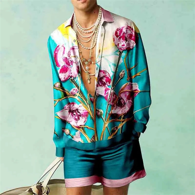 Mens Minimalist Printed Two piece Long Sleeve Summer Beach Style Shirt Set Mens Fashion Shorts and Quick Drying Shirt240807