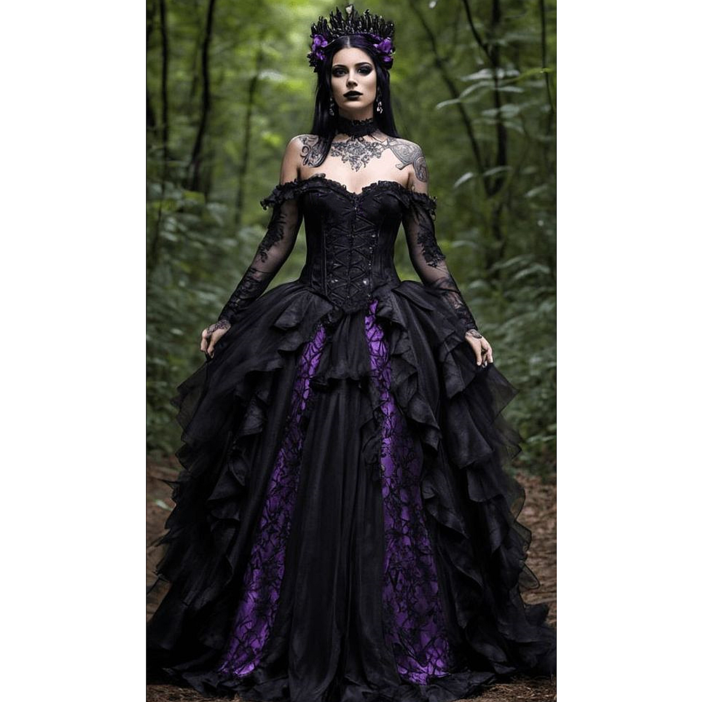 Vintage Purple And Black Gothic Prom Dresses Lace Appliques Ruffles Corset Steampunk Medieval Evening Gowns Vampire Masquerade Dress For Women