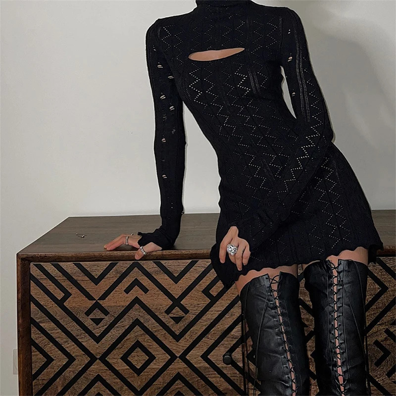 Spring Turtleneck Hollow Out Knitted Dress Women Sexy Wave Jacquard Mini Short Dress Autumn Long Sleeve Bodycon Party Dress 240808