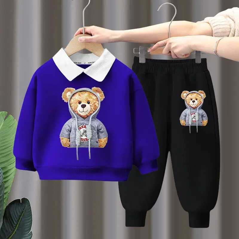 Clothing Sets Autumn Children Boy Clothes Set Kid Girls Cartoon Bear Printed Lapel Sweatshirts Pullover Top and Pants 2pcs Suit Baby TracksuitL488